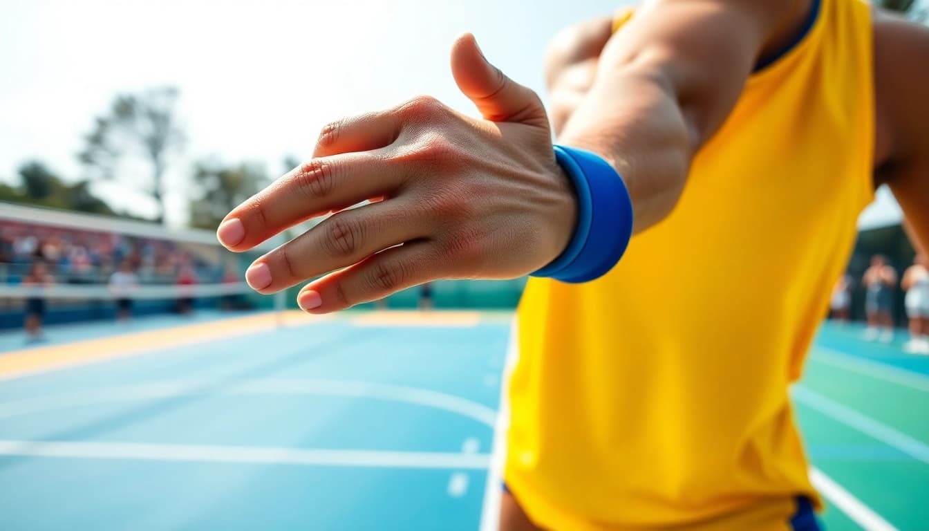 Volleyball thumb taping technique demonstrated by an athlete in action.