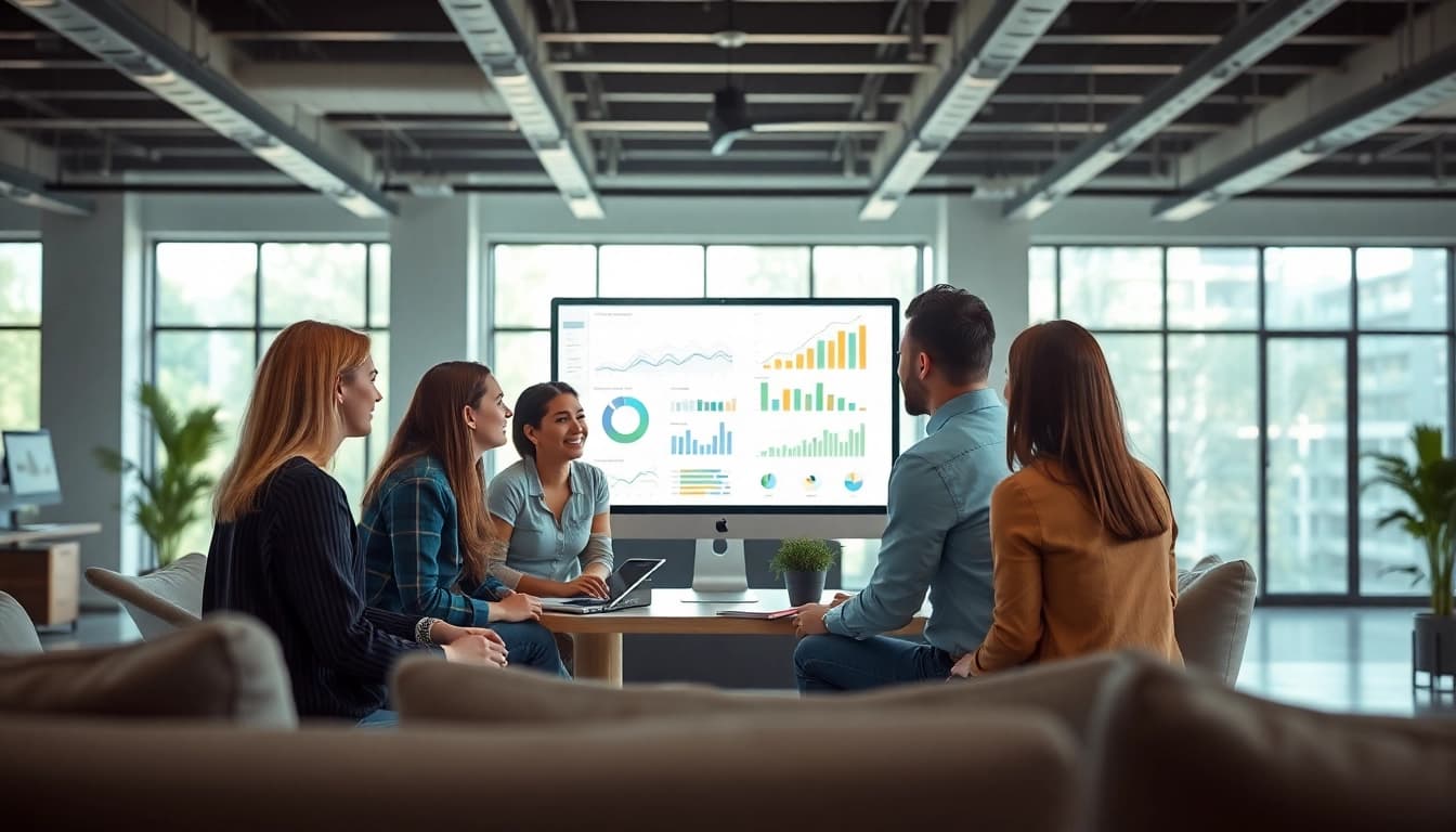 Engaged team strategizing search optimization services in a modern office environment.