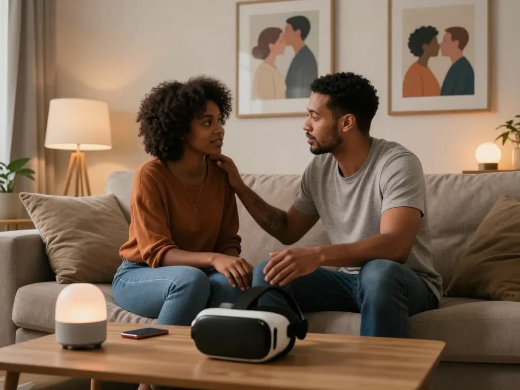 Couple using sex AI technology in an intimate setting to enhance emotional connection.