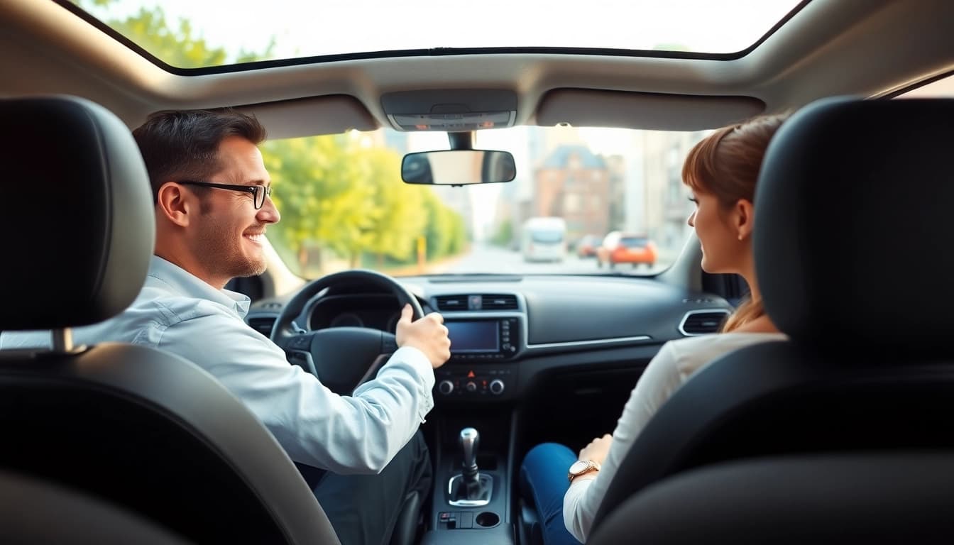 Driving school Leeds instructor teaching a student in a modern vehicle.