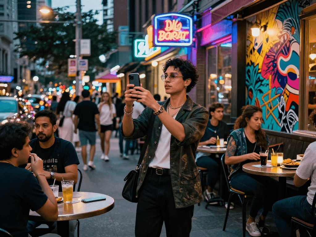 NSFW urban nightlife scene with vibrant neon lights and stylish individuals enjoying the atmosphere.