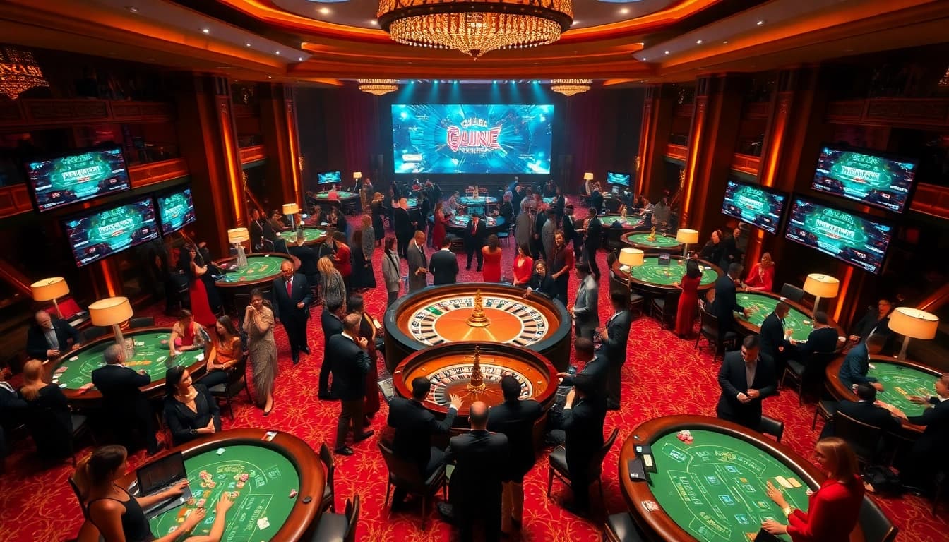 Experience thrilling gameplay at https://rr888.video/ with players around an exhilarating roulette wheel in a vibrant casino.
