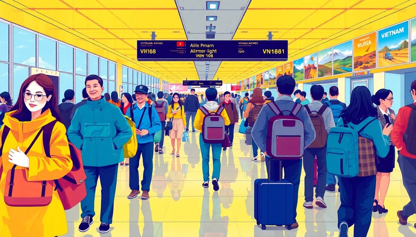 Travelers boarding Vietnam Airlines Flight VN168 at a busy airport terminal.