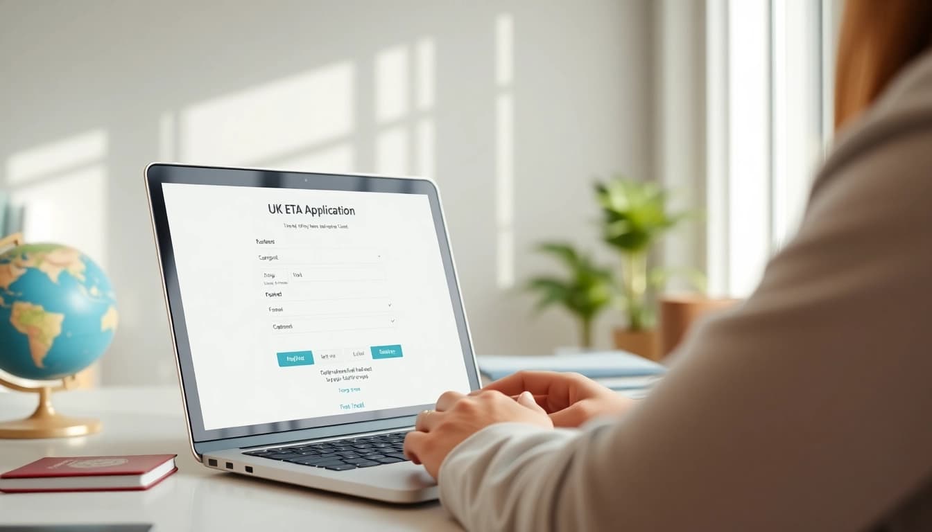 Apply for UK ETA online application using a laptop in a modern home office.