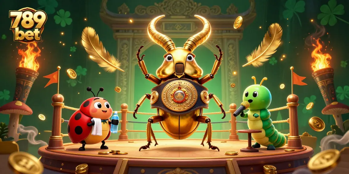 Engage with 789 bet's dynamic gaming adventure featuring a golden stag beetle and colorful characters in a rich casino backdrop.