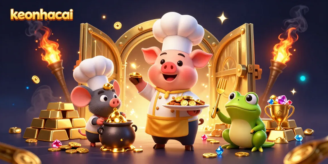 Engage with keonhacai while enjoying gourmet coins served by a pig chef, amidst a lavish casino setting.