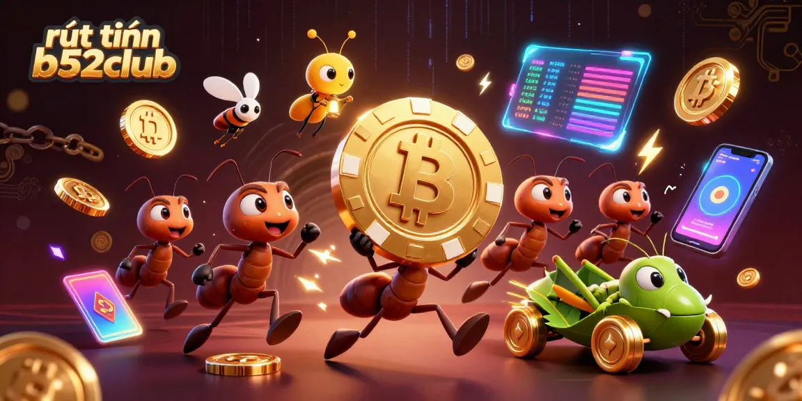Secure your rút tiền b52club transactions with a vibrant 3D illustration of ants and crypto elements.