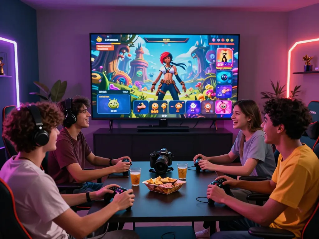 Engaged group playing a sex simulator game in a vibrant gaming space with interactive visuals.