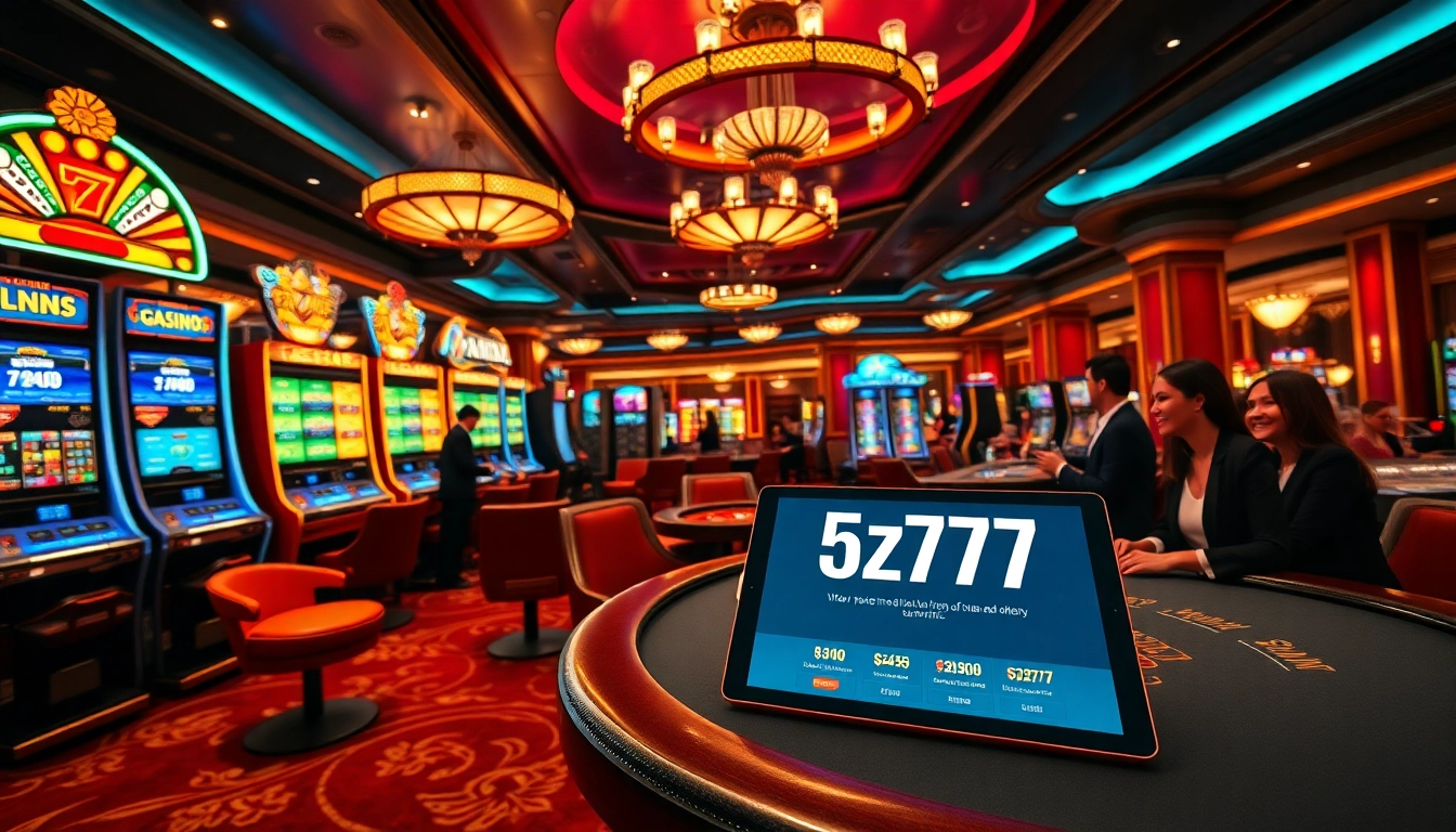 Exciting casino scene with 5z777 online gaming interface on poker table amidst vibrant slot machines.