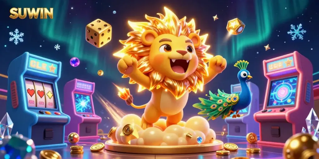 Suwin's vibrant gaming adventure features a roaring sun lion, golden dice, and exhilarating casino elements.