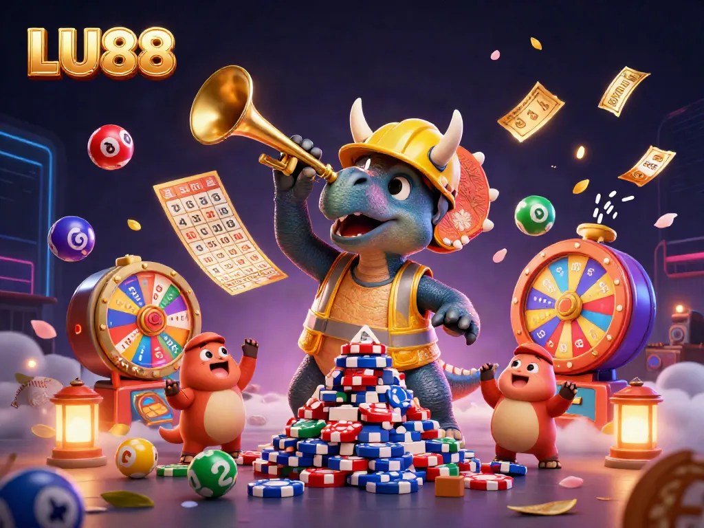 LU88 showcases a vibrant 3D scene with a triceratops and lottery elements celebrating big wins.