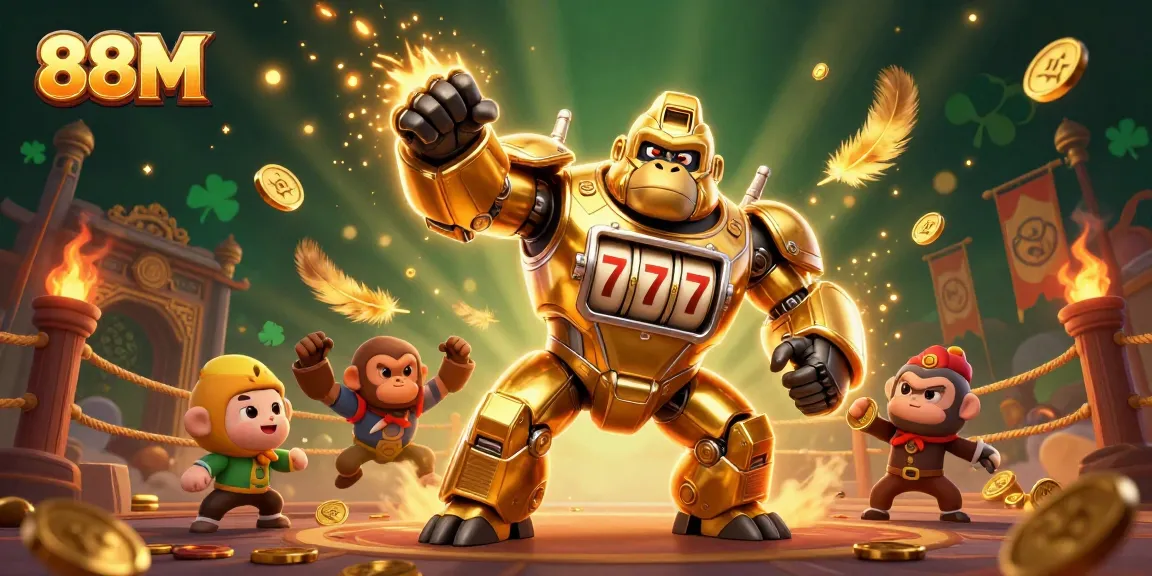 Experience thrilling gameplay at 88M with a golden gorilla mech amidst dynamic casino elements.