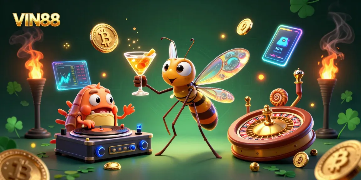 Engage with VIN88, featuring a lively casino scene with crypto elements and vibrant characters.