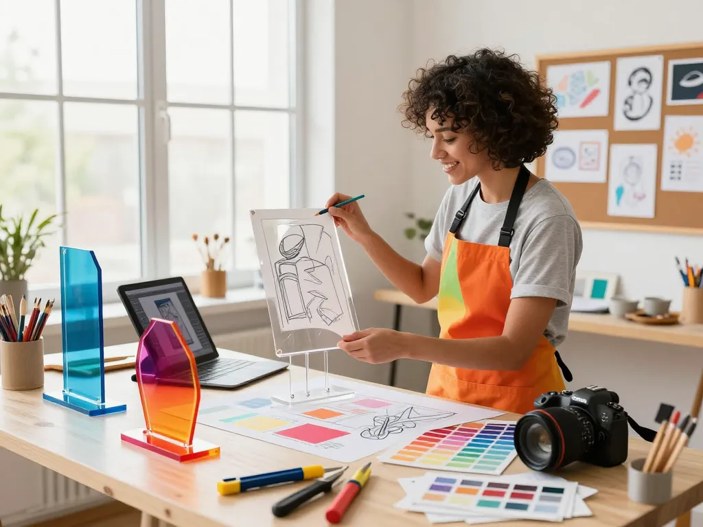 Artist creating custom acrylic standees in a vibrant workspace with design tools.