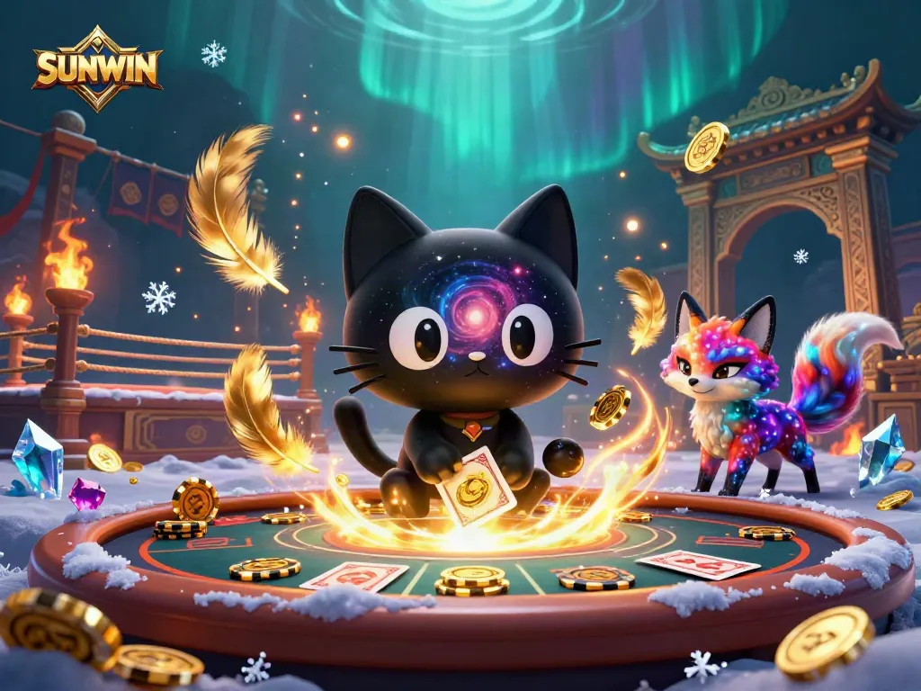 SUNWIN cosmic casino scene showcasing a black hole cat pulling in chips and cards.