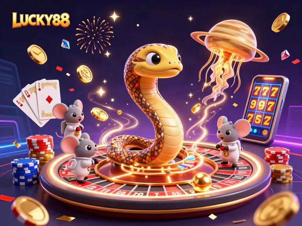 Bet with LUCKY88 in a vibrant 3D casino scene featuring a cosmic roulette and joyous astronauts.