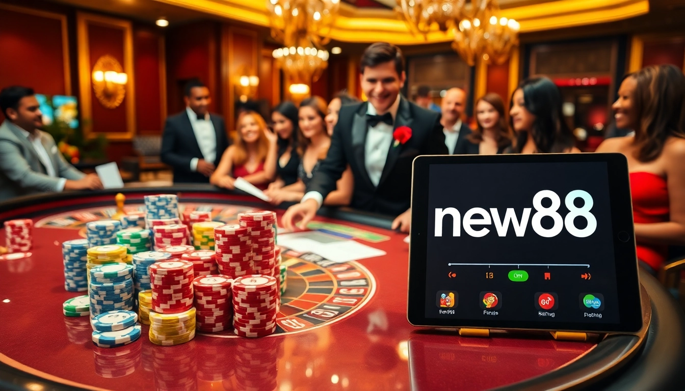Players enjoying an exciting moment at the new88 blackjack table in a luxurious casino setting.