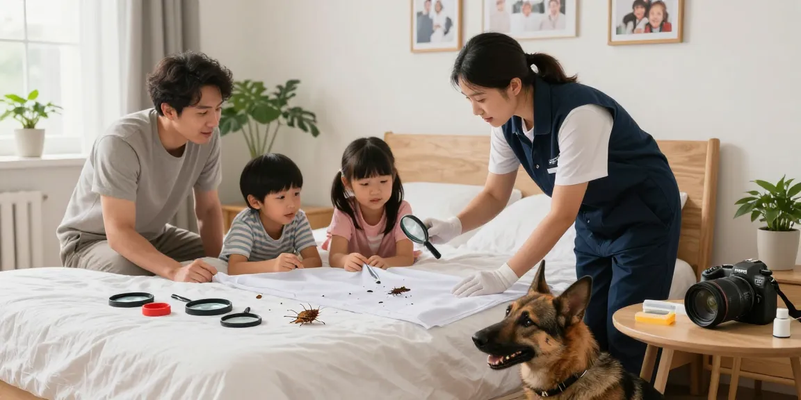 Family engaging in bed bug treatment with expert at home, showcasing effective pest control solutions for safety.