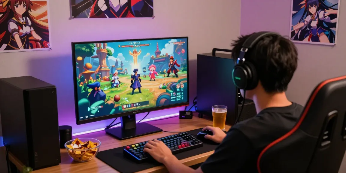 Player immersed in a colorful hentai game with ergonomic gear and anime art.