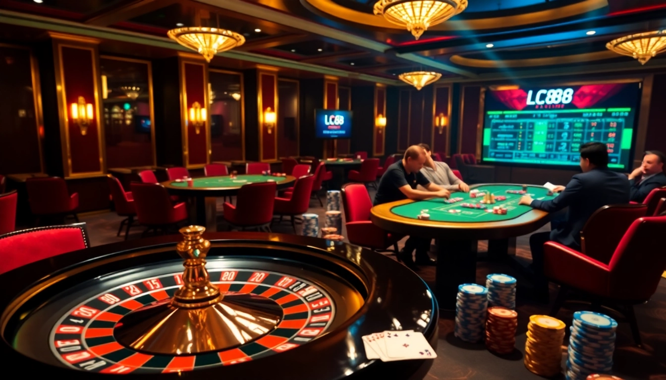 Players betting at LC88's luxurious casino tables during a vibrant gaming night.