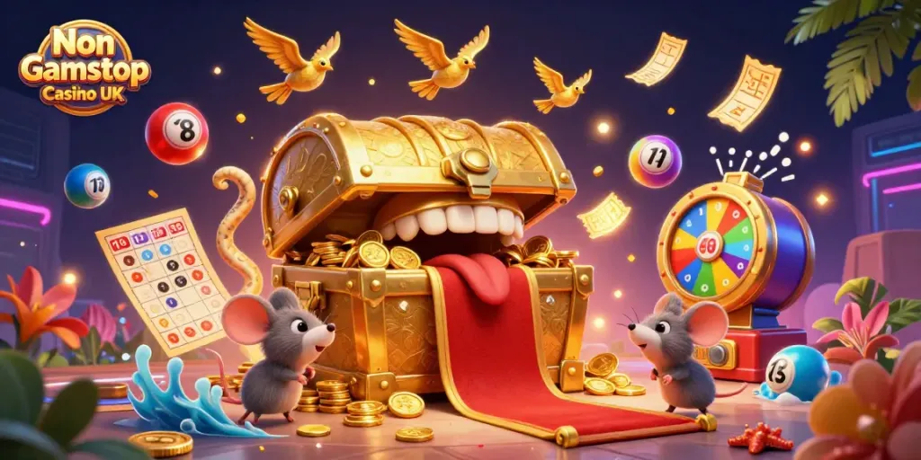 Engage in thrilling gameplay at Non Gamstop Casino UK with vibrant visuals depicting a treasure chest and game elements.