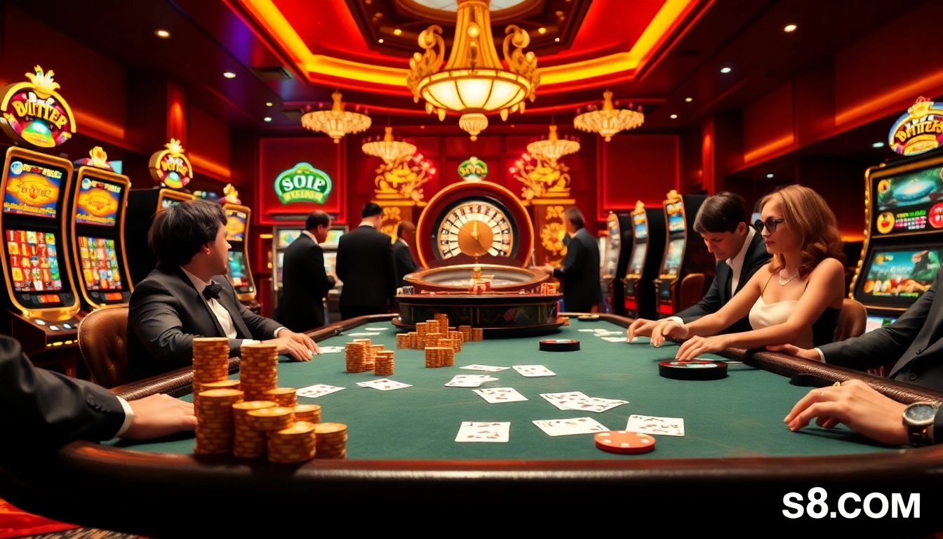 Exciting casino scene with players engaging at S8 .COM betting tables and vibrant slot machines.