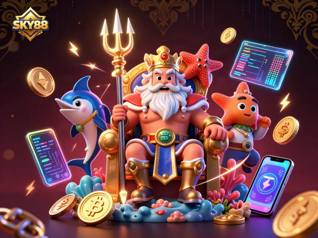 Experience thrilling gaming with SKY88, featuring 3D vibrant visuals and crypto elements.