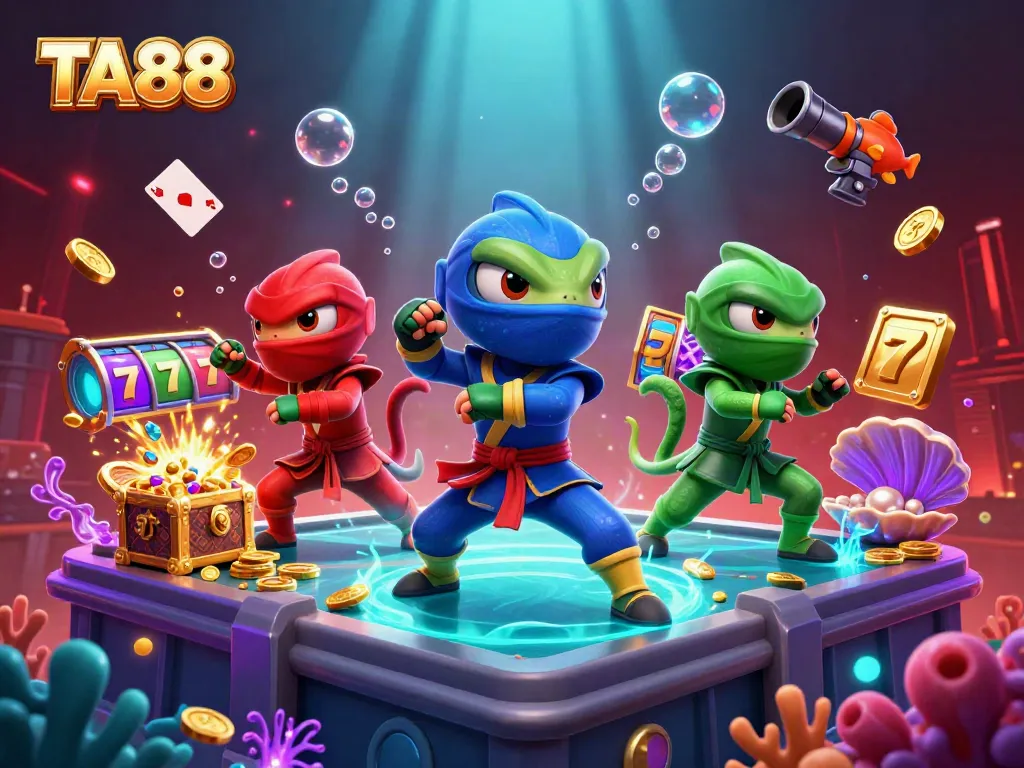 Engage in thrilling adventures at TA88 with vibrant casino elements and ninja chameleons in action.