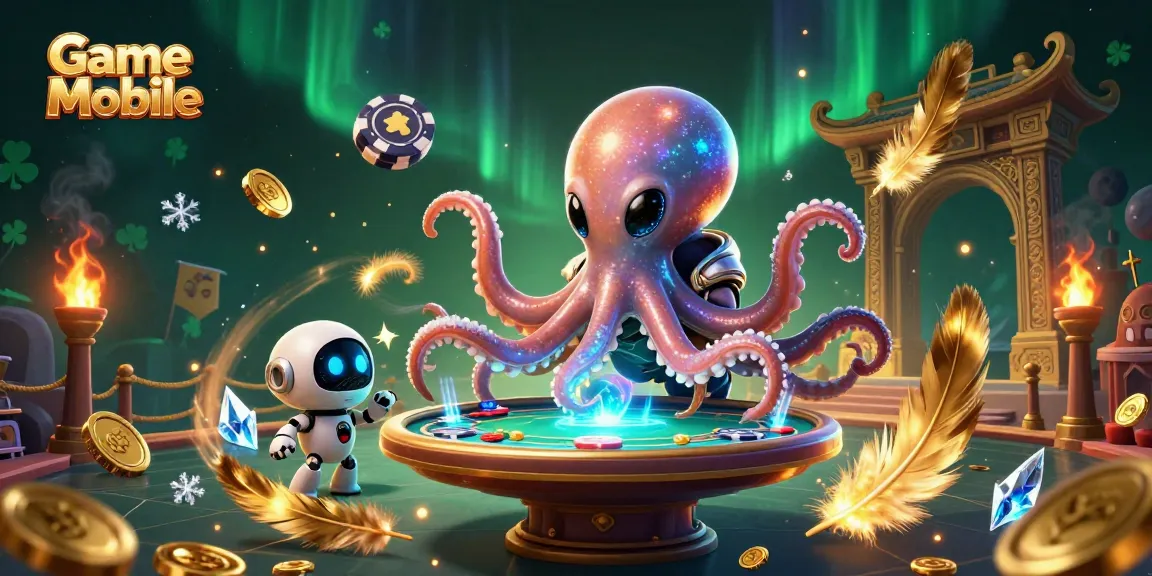 Game Mobile scene with alien octopus at a poker table surrounded by dynamic casino elements.