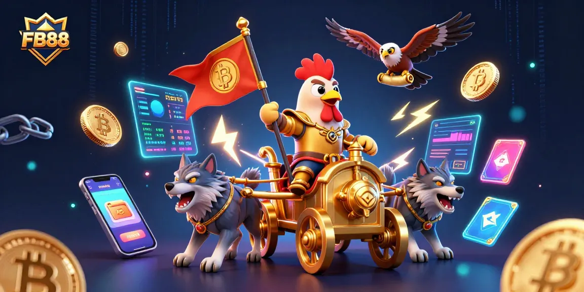 FB88 offers thrilling jackpot gameplay featuring a cartoon rooster warlord and dynamic crypto elements.