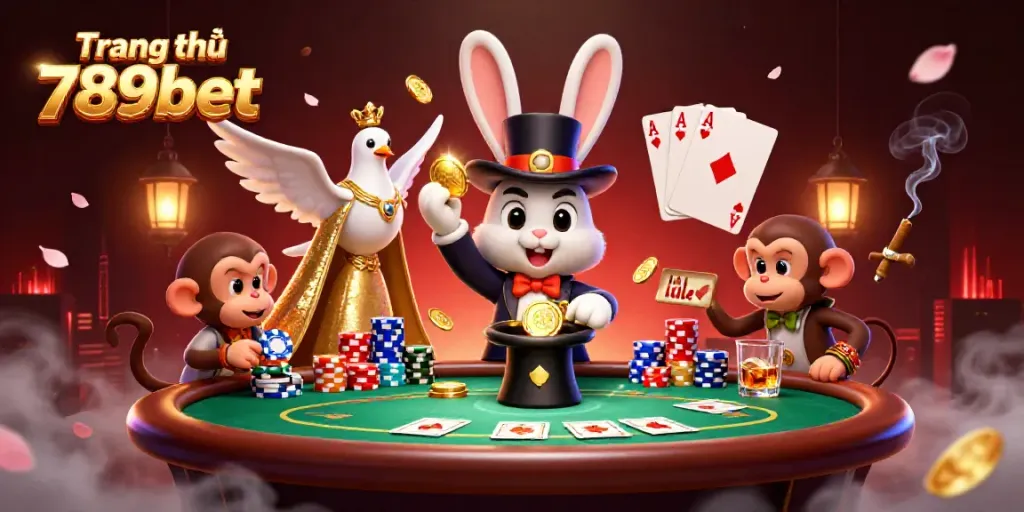 Engage with Trang chủ 789bet through a vibrant 3D illustration featuring a magician rabbit, glamorous dove, and monkey in a dynamic casino setting.