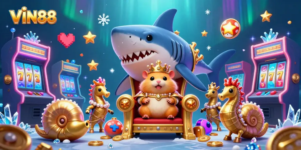 Experience thrilling gaming at VIN88 with a golden hamster king in a vibrant casino world.