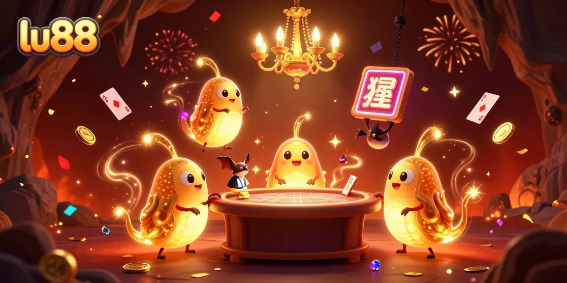 Experience the excitement of lu88 in a vibrant cave casino illuminated by glowing characters and festive elements.