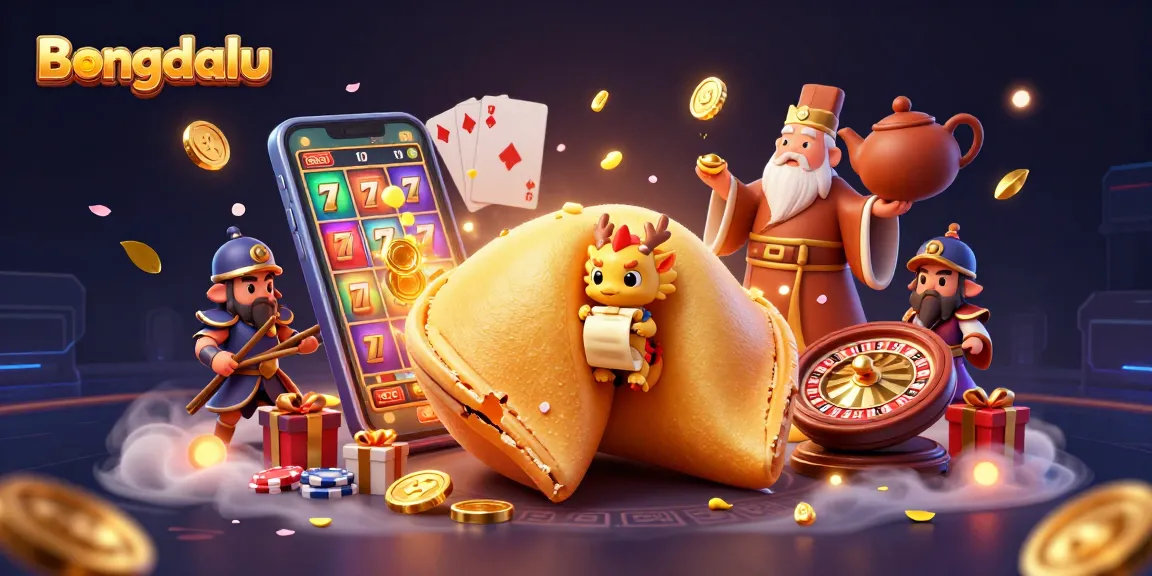 Engage with Bongdalu's vibrant casino features as a wise dragon reads from a fortune cookie among gaming elements.