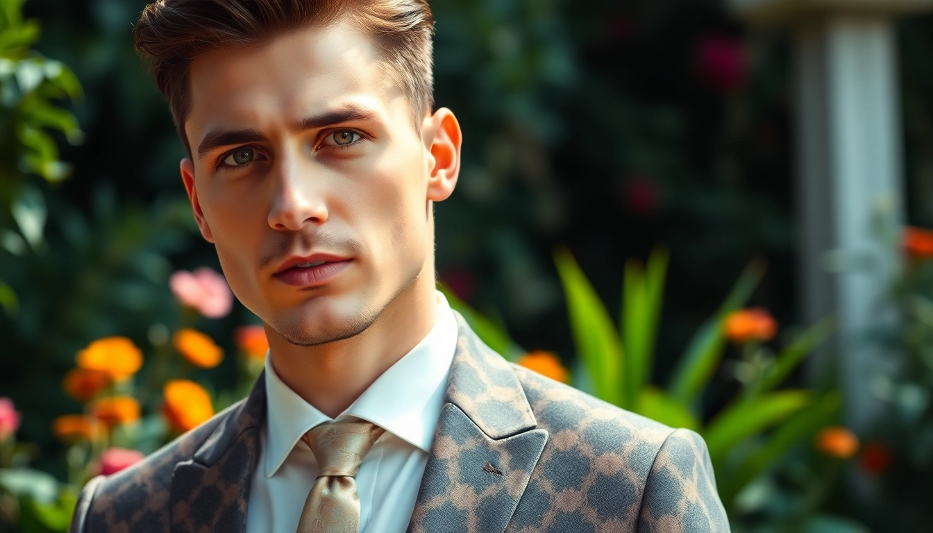 Show a groom in stylish designer menswear at a garden wedding, highlighting exquisite details.