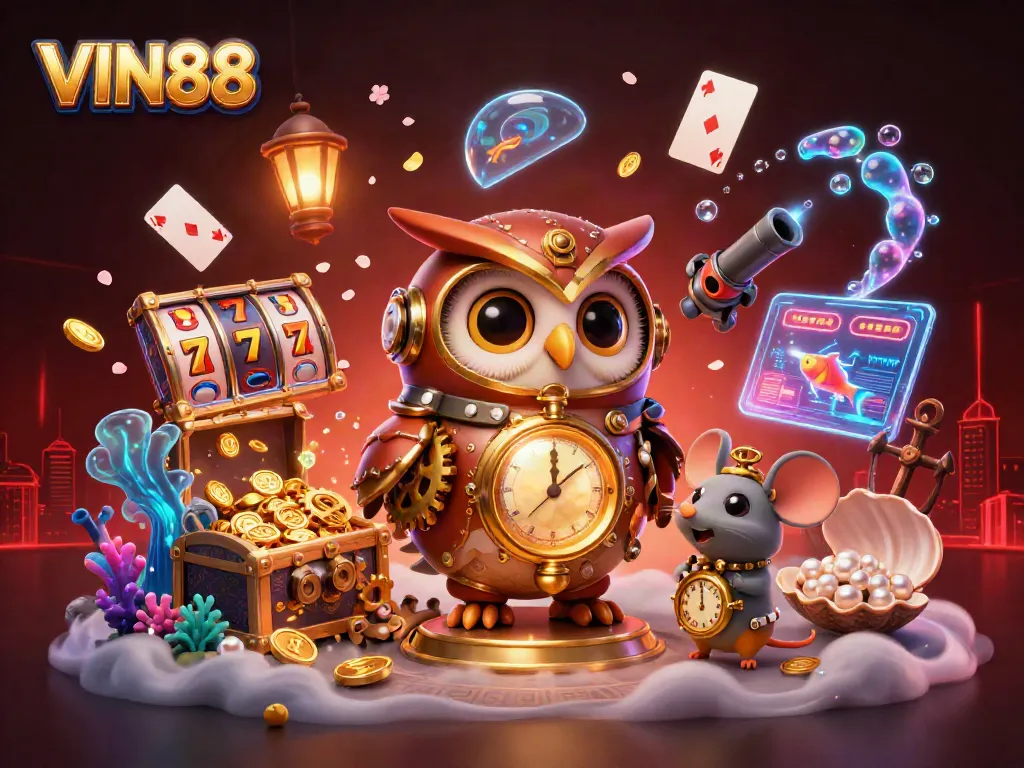 Unleash your luck at VIN88 with this vibrant casino-themed 3D artwork, showcasing dynamic gaming elements.