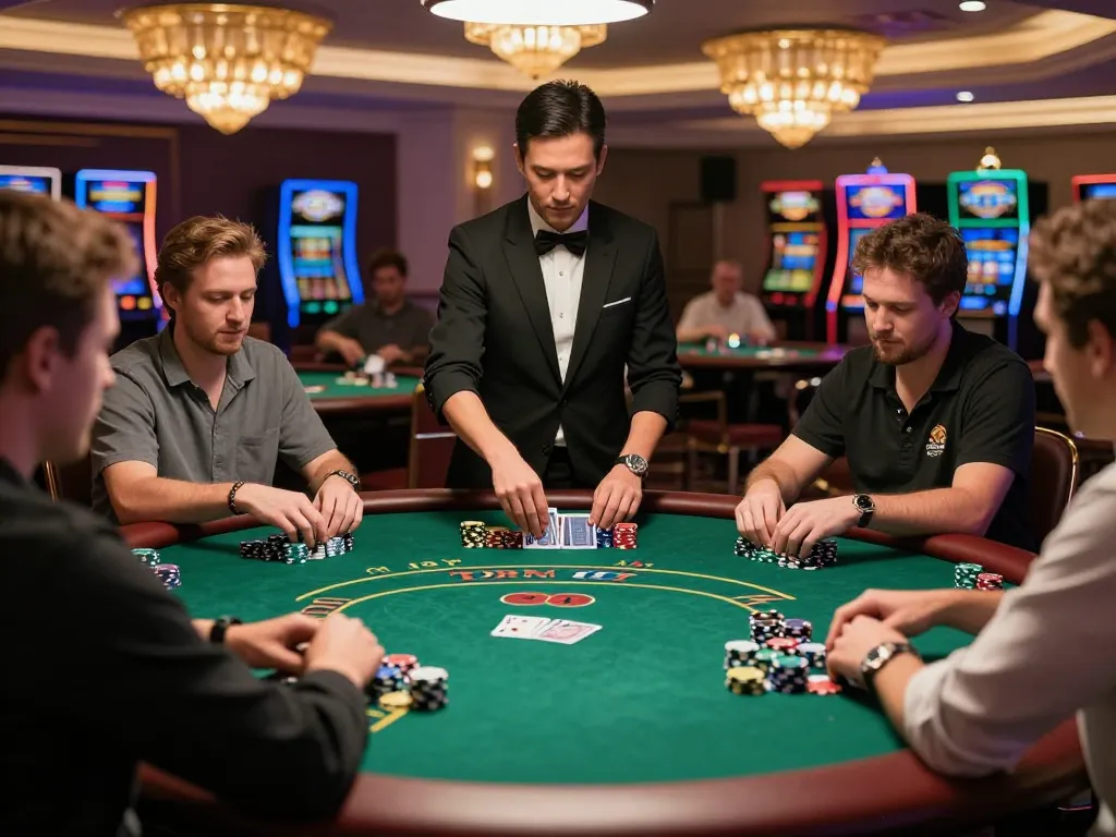 KJC poker scene with engaged players and professional dealer capturing the excitement of strategic gameplay