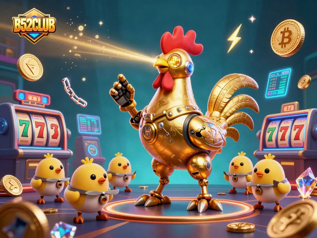 B52CLUB offers a vibrant 3D casino scene with a golden rooster and baby chick drones, showcasing exciting gaming elements.