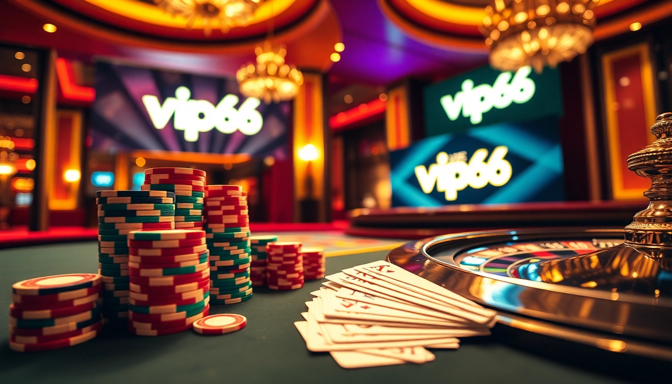 vip66-themed poker scene featuring vibrant poker chips, cards, and a roulette wheel.