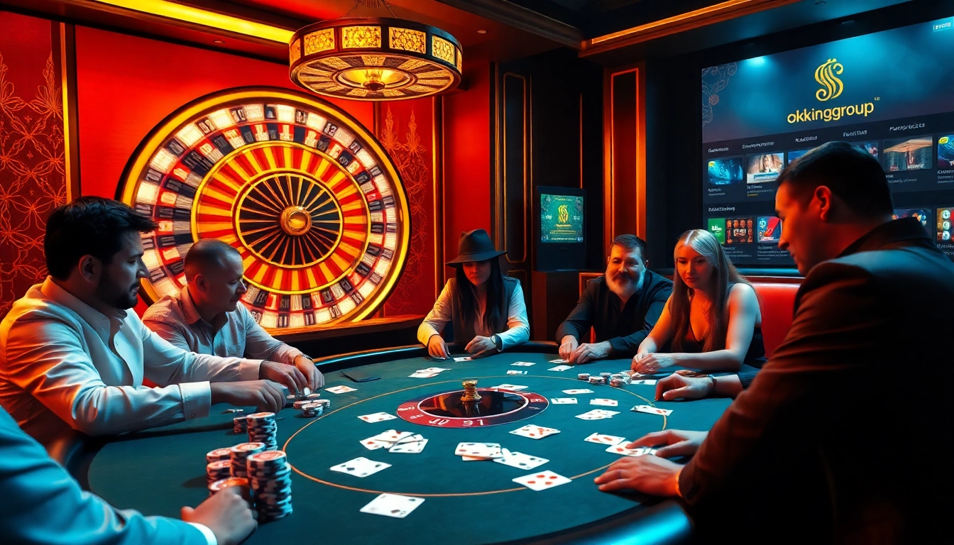 Engaging poker players and roulette at okking.group casino scene.