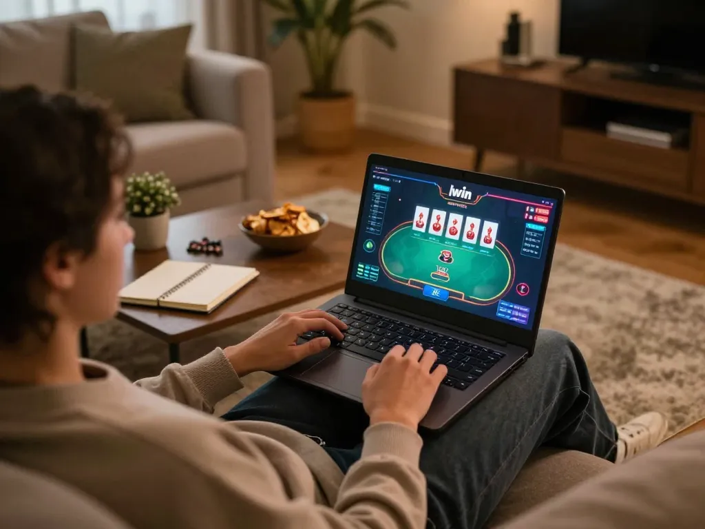 Iwin gameplay on laptop with strategic poker hand displayed, cozy home setup