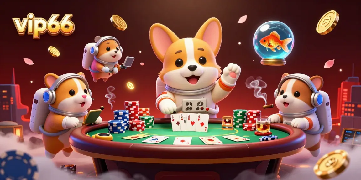 Engage with the thrilling atmosphere of vip66 in this animated scene featuring an astronaut corgi and floating poker elements.