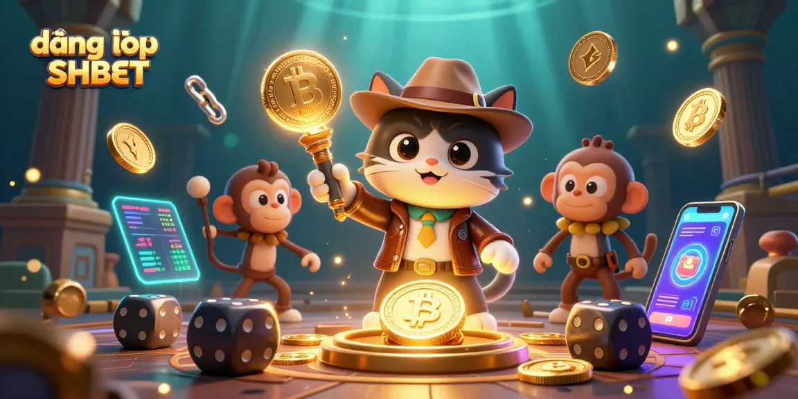 Engage with the thrilling universe of đăng nhập SHBET, featuring an explorer cat, golden artifacts, and crypto elements.