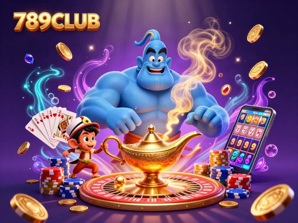 Experience the vibrant excitement of 789CLUB through a dynamic casino scene filled with sparkling treasures.