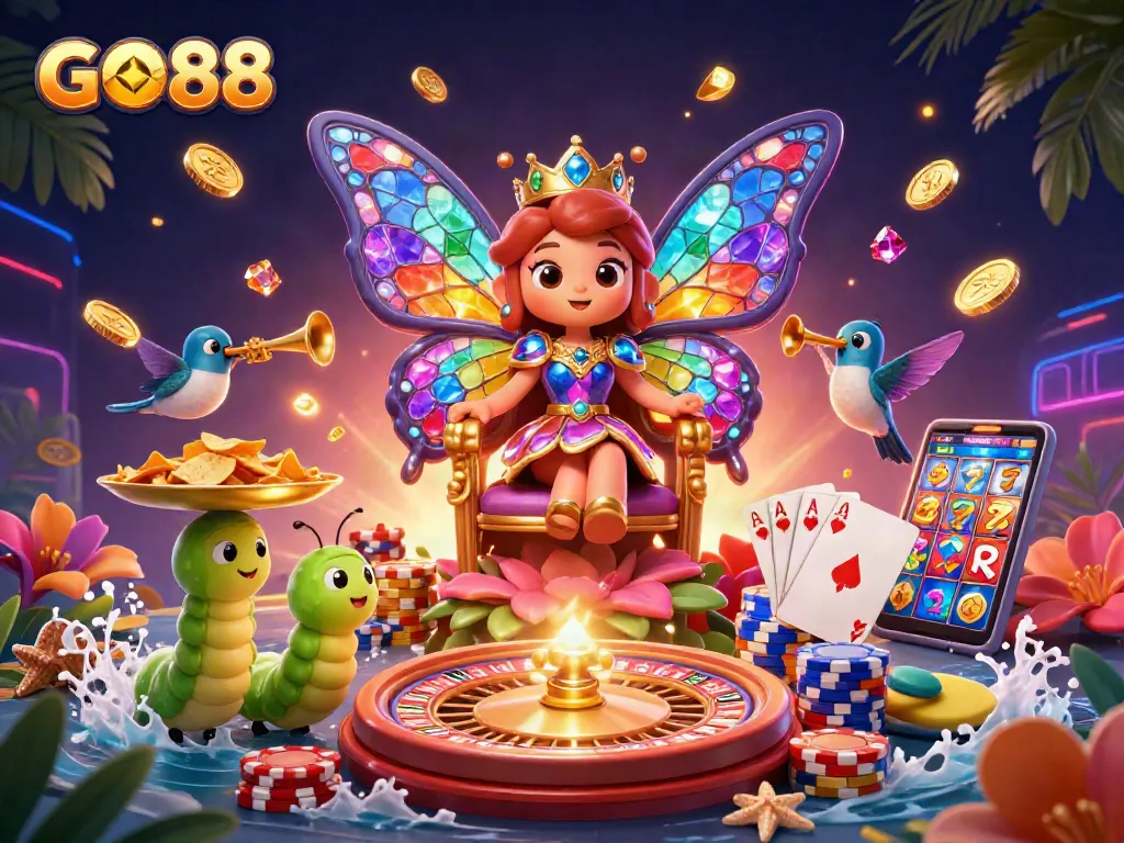Experience GO88's vibrant casino world with a 3D butterfly queen, colorful chips, and dynamic game elements.