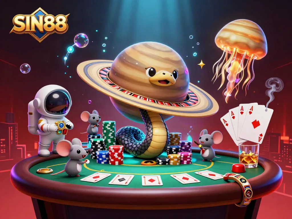 Experience SIN88 with a vibrant illustration of a cosmic casino scene, featuring gaming action and stellar characters.
