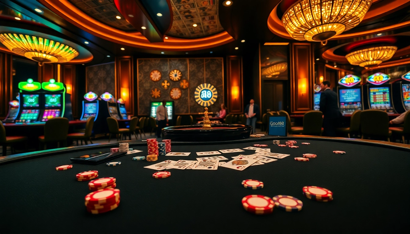 Engaging moment in casino gambling with Good88 poker chips and cards on the table.