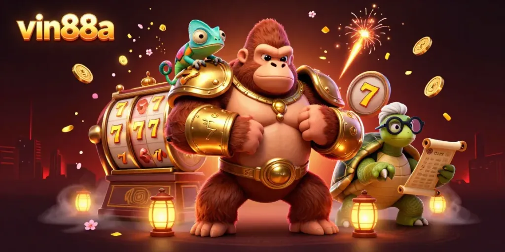 Experience thrilling action with vin88a, showcasing a vibrant gambling scene featuring characters, slot reels, and festive elements.