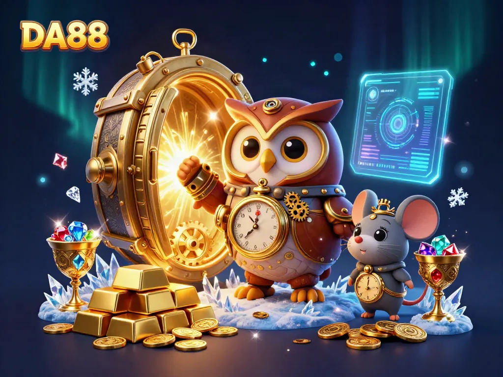 Engage with DA88's thrilling casino adventures featuring an owl in steampunk gear and treasures scattered around.