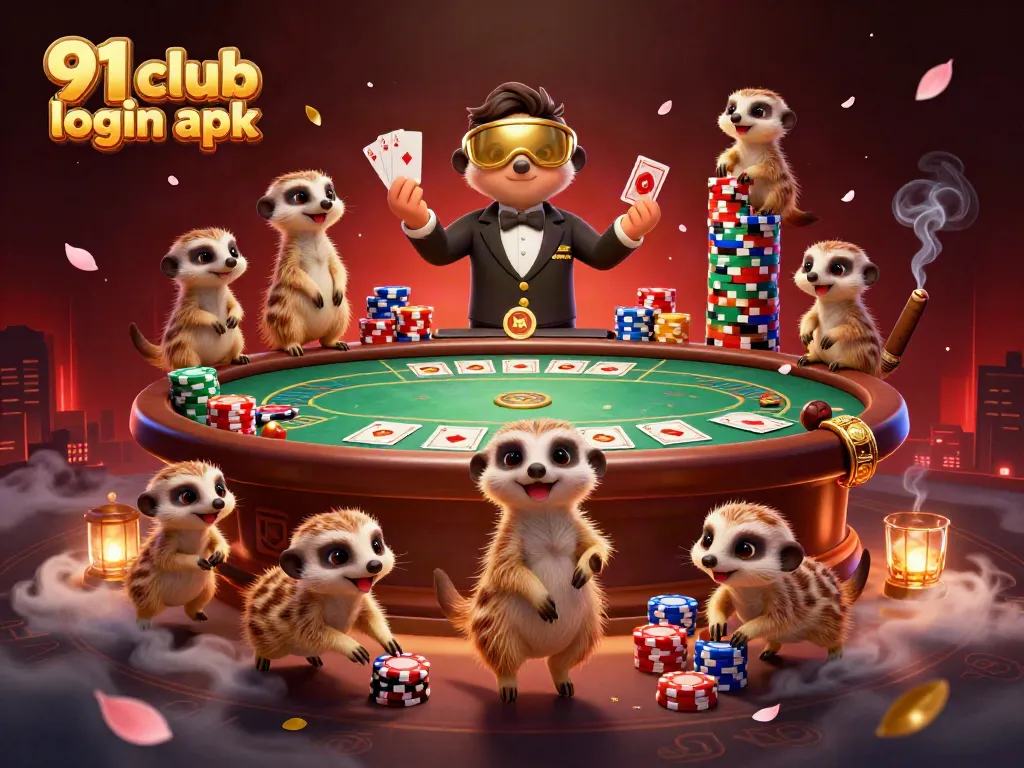 Engage with the 91 club login apk in this dynamic casino scene featuring meerkats and poker elements.